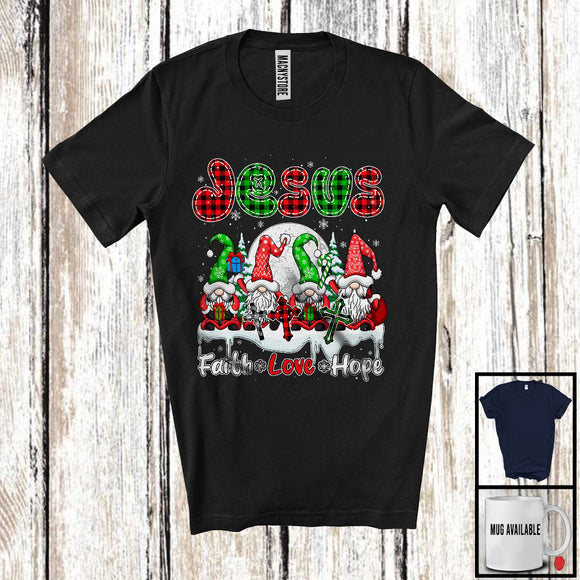 MacnyStore - Jesus Faith Love Hope; Awesome Christmas Four Gnomes Plaid Cross; Snowing Family T-Shirt