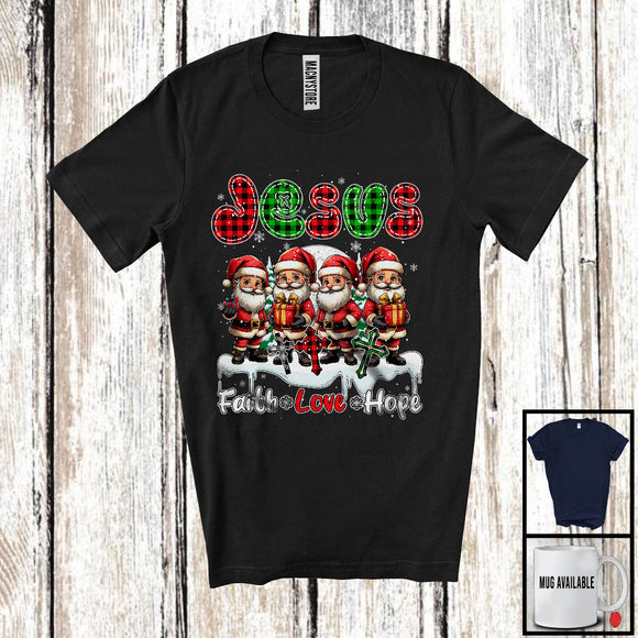 MacnyStore - Jesus Faith Love Hope; Awesome Christmas Four X-mas Santa Plaid Cross; Snowing Family T-Shirt