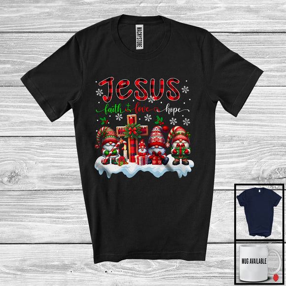 MacnyStore - Jesus Faith Love Hope; Lovely Christmas Three Gnomes; Plaid Cross Matching Family Group T-Shirt