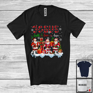 MacnyStore - Jesus Faith Love Hope; Lovely Christmas Three Santa; Plaid Cross Matching Family Group T-Shirt