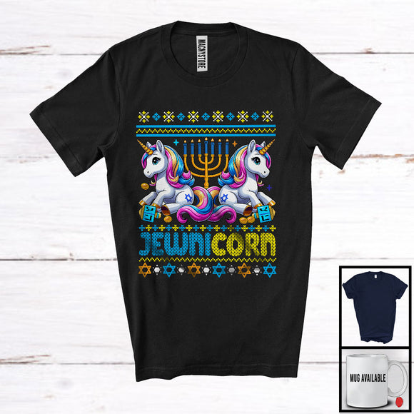 MacnyStore - Jewnicorn; Adorable Hanukkah Chanukah Sweater Rainbow Two Unicorns; Dreidel Menorah Family T-Shirt