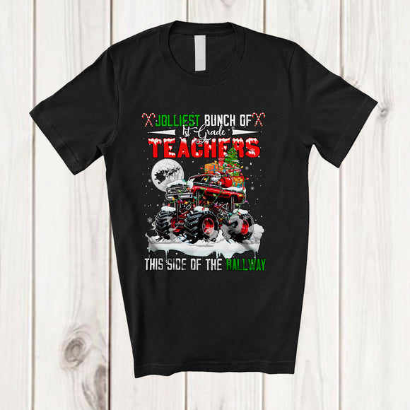 MacnyStore - Jolliest Bunch Of 1st Grade This Side Of The Hallway; Merry Christmas Santa On Monster Truck T-Shirt