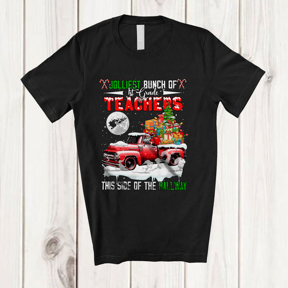 MacnyStore - Jolliest Bunch Of 1st Grade This Side Of The Hallway; Merry Christmas Santa On Pickup Truck T-Shirt