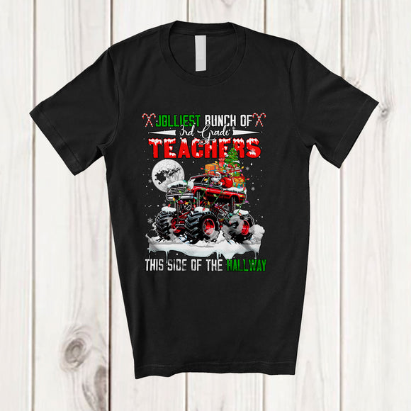 MacnyStore - Jolliest Bunch Of 3rd Grade This Side Of The Hallway; Merry Christmas Santa On Monster Truck T-Shirt