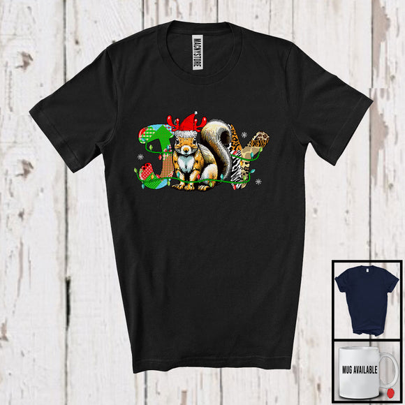 MacnyStore - Joy; Amusing Christmas Lights Santa Squirrel Reindeer Santa; Leopard Plaid Family Group T-Shirt