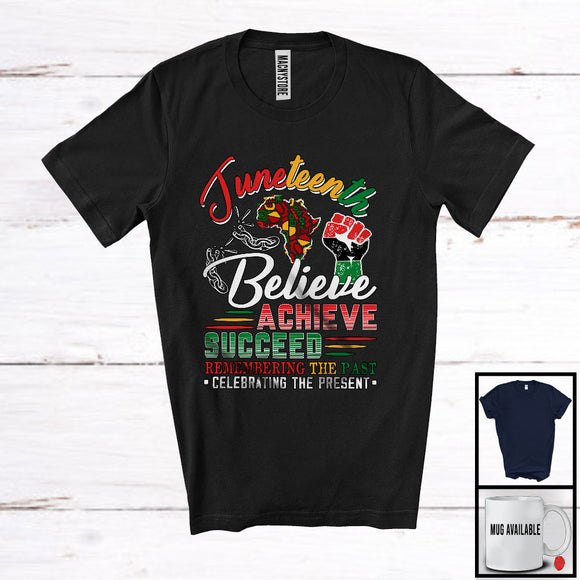 MacnyStore - Juneteenth Believe Achieve Succeed, Proud Black History Afro Strong Hands Maps, African American T-Shirt