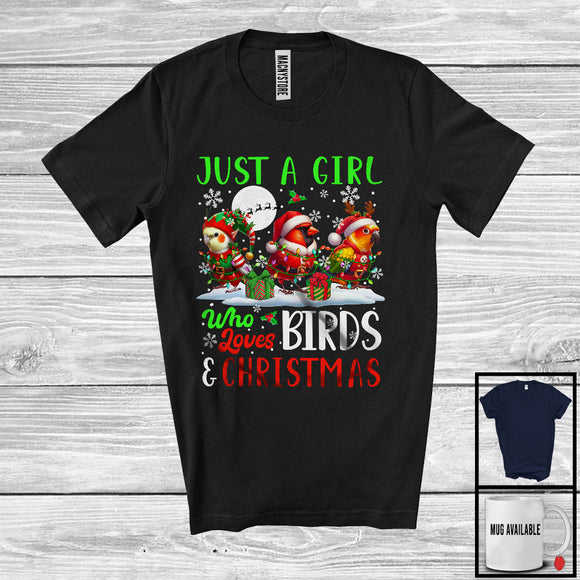 MacnyStore - Just A Girl Who Loves Birds And Christmas, Lovely Christmas Lights Snowing Around, Animal Lover T-Shirt