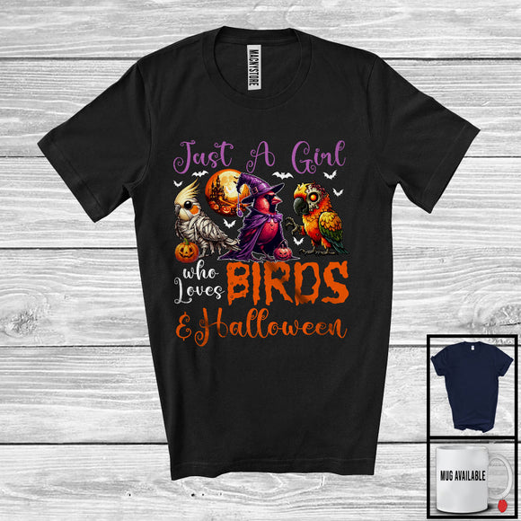 MacnyStore - Just A Girl Who Loves Birds And Halloween, Scary Halloween Witch Mummy Zombie Birds, Animal Lover T-Shirt