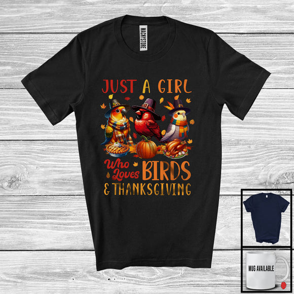 MacnyStore - Just A Girl Who Loves Birds And Thanksgiving, Lovely Three Pilgrim Birds Animal Lover, Fall Leaves T-Shirt