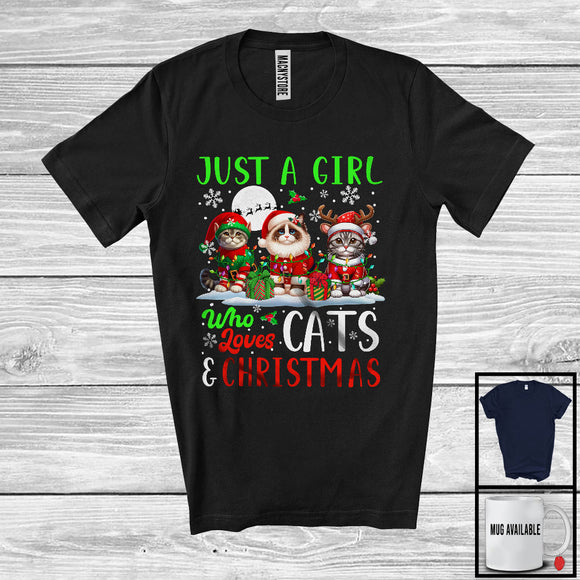 MacnyStore - Just A Girl Who Loves Cats And Christmas, Lovely Christmas Lights Snowing Around, Animal Lover T-Shirt