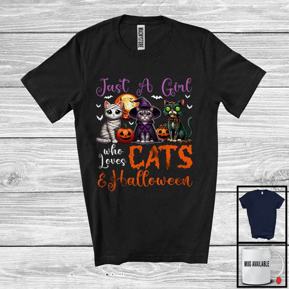 MacnyStore - Just A Girl Who Loves Cats And Halloween, Scary Halloween Witch Mummy Zombie Cats, Animal Lover T-Shirt