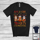 MacnyStore - Just A Girl Who Loves Cats And Thanksgiving, Lovely Three Pilgrim Cats Animal Lover, Fall Leaves T-Shirt