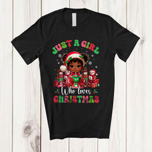 MacnyStore - Just A Girl Who Loves Christmas; Adorable X-mas Little Afro Drink Coffee; Groovy Family T-Shirt