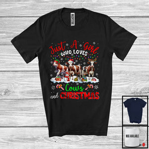 MacnyStore - Just A Girl Who Loves Cows And Christmas; Awesome X-mas Lights Cow; Farmer Farm Animals T-Shirt