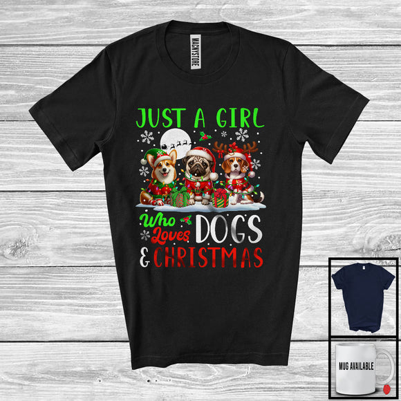 MacnyStore - Just A Girl Who Loves Dogs And Christmas, Lovely Christmas Lights Snowing Around, Animal Lover T-Shirt
