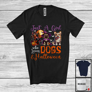 MacnyStore - Just A Girl Who Loves Dogs And Halloween, Scary Halloween Witch Mummy Zombie Dogs, Animal Lover T-Shirt