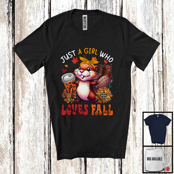 MacnyStore - Just A Girl Who Loves Fall, Adorable Beaver Wild Animal Coffee Lover, Plaid Sunflowers T-Shirt