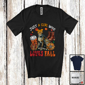 MacnyStore - Just A Girl Who Loves Fall, Adorable Cheetah Wild Animal Coffee Lover, Plaid Sunflowers T-Shirt