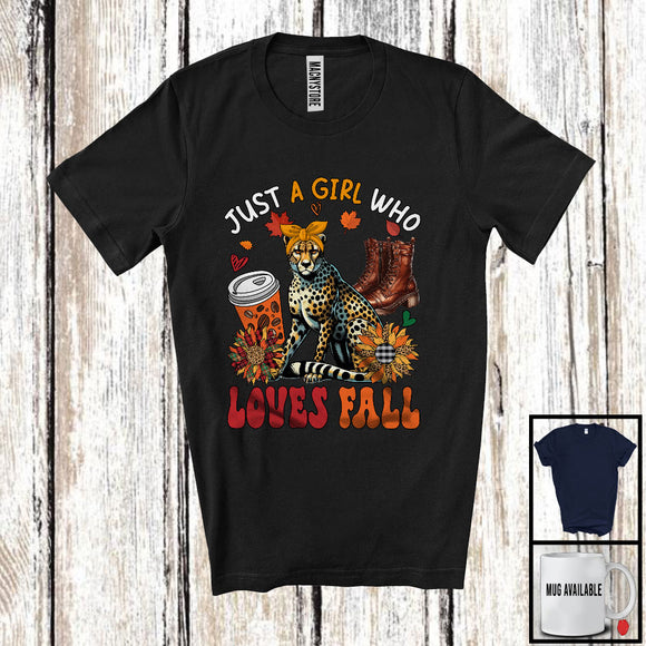 MacnyStore - Just A Girl Who Loves Fall, Adorable Cheetah Wild Animal Coffee Lover, Plaid Sunflowers T-Shirt