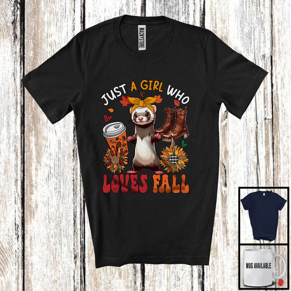 MacnyStore - Just A Girl Who Loves Fall, Adorable Ferret Wild Animal Coffee Lover, Plaid Sunflowers T-Shirt