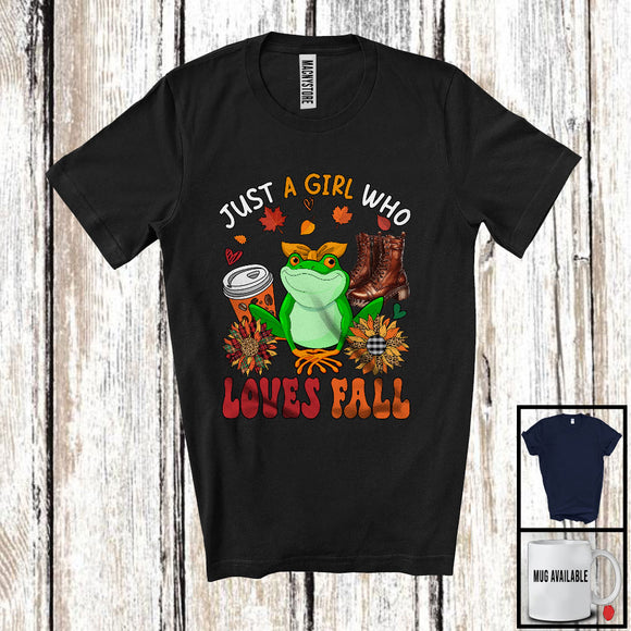 MacnyStore - Just A Girl Who Loves Fall, Adorable Frog Wild Animal Coffee Lover, Plaid Sunflowers T-Shirt