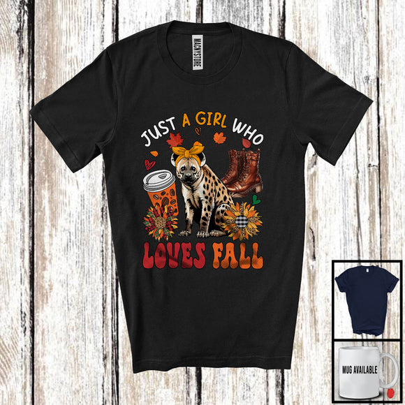 MacnyStore - Just A Girl Who Loves Fall, Adorable Hyena Wild Animal Coffee Lover, Plaid Sunflowers T-Shirt