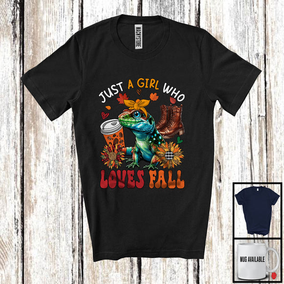 MacnyStore - Just A Girl Who Loves Fall, Adorable Lizard Wild Animal Coffee Lover, Plaid Sunflowers T-Shirt