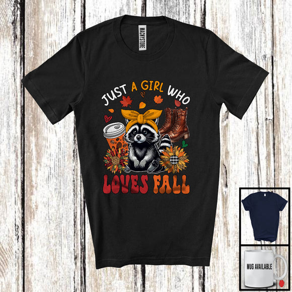 MacnyStore - Just A Girl Who Loves Fall, Adorable Raccoon Wild Animal Coffee Lover, Plaid Sunflowers T-Shirt