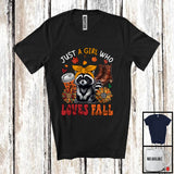 MacnyStore - Just A Girl Who Loves Fall, Adorable Raccoon Wild Animal Coffee Lover, Plaid Sunflowers T-Shirt