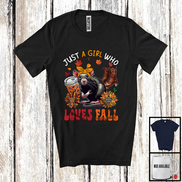 MacnyStore - Just A Girl Who Loves Fall, Adorable Rat Wild Animal Coffee Lover, Plaid Sunflowers T-Shirt