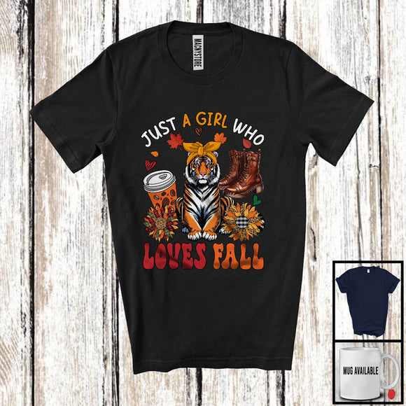 MacnyStore - Just A Girl Who Loves Fall, Adorable Tiger Wild Animal Coffee Lover, Plaid Sunflowers T-Shirt