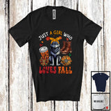 MacnyStore - Just A Girl Who Loves Fall, Adorable Wolf Wild Animal Coffee Lover, Plaid Sunflowers T-Shirt