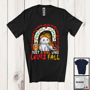 MacnyStore - Just A Girl Who Loves Fall; Awesome Thanksgiving Autumn Leopard Rainbow Cat; Family T-Shirt