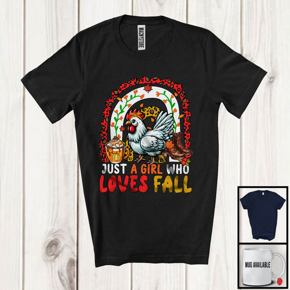 MacnyStore - Just A Girl Who Loves Fall; Awesome Thanksgiving Autumn Leopard Rainbow Chicken; Family T-Shirt