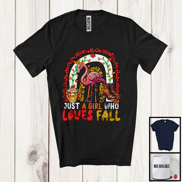 MacnyStore - Just A Girl Who Loves Fall; Awesome Thanksgiving Autumn Leopard Rainbow Flamingo; Family T-Shirt