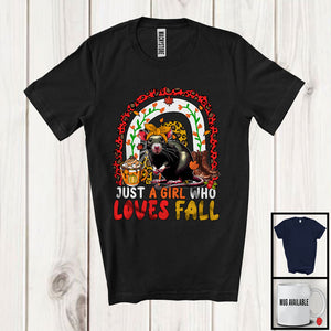 MacnyStore - Just A Girl Who Loves Fall; Awesome Thanksgiving Autumn Leopard Rainbow Rat; Family T-Shirt