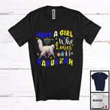 MacnyStore - Just A Girl Who Loves Hanukkah; Wonderful Hanukkah Menorah Lights Llama; Girls Women Family T-Shirt