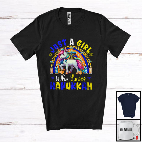 MacnyStore - Just A Girl Who Loves Hanukkah; Wonderful Hanukkah Menorah Lights Unicorn; Leopard Rainbow T-Shirt