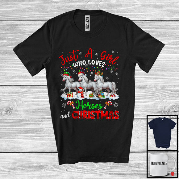 MacnyStore - Just A Girl Who Loves Horses And Christmas; Awesome X-mas Lights Horse; Farmer Farm Animals T-Shirt