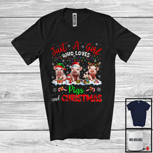 MacnyStore - Just A Girl Who Loves Pigs And Christmas; Awesome X-mas Lights Pig; Farmer Farm Animals T-Shirt