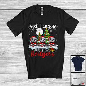 MacnyStore - Just Hanging With My Badgers; Adorable Christmas Three Santa Elf Badgers; Animal Lover T-Shirt