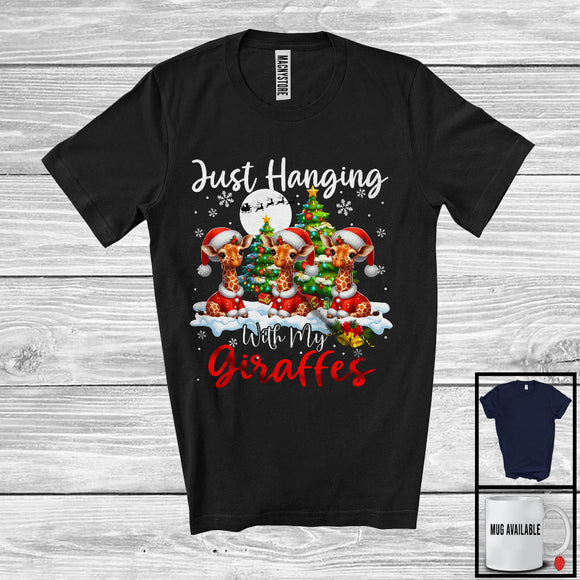 MacnyStore - Just Hanging With My Giraffes; Adorable Christmas Three Santa Elf Giraffes; Animal Lover T-Shirt