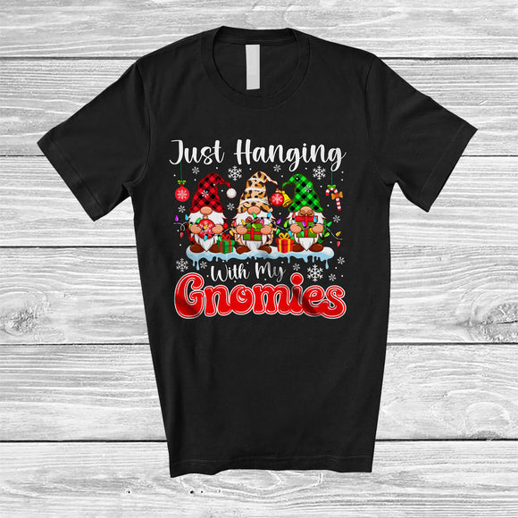 MacnyStore - Just Hanging With My Gnomies; Fantastic Christmas Leopard Plaid Three Gnomes; Snow Family T-Shirt