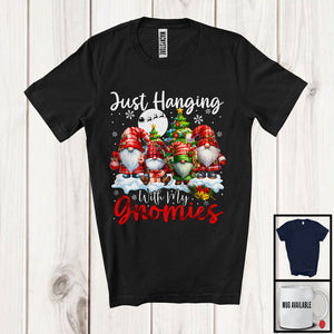 MacnyStore - Just Hanging With My Gnomies; Lovely Christmas Tree Moon Four Gnomes Plaid; Snowing T-Shirt