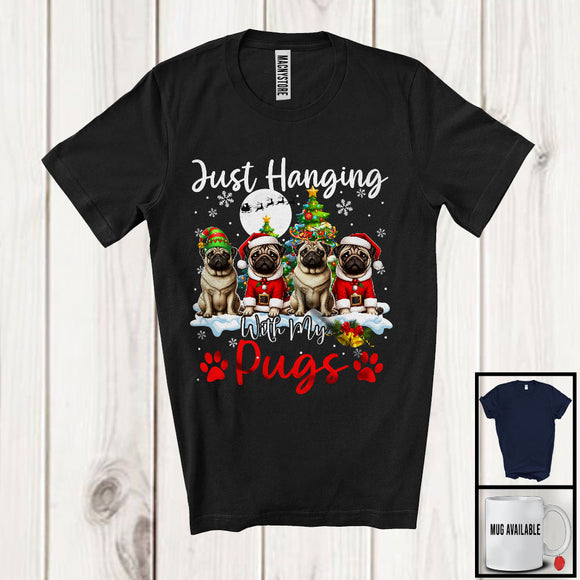 MacnyStore - Just Hanging With My Pugs; Adorable Christmas Tree Snowing; X-mas Animal Lover T-Shirt