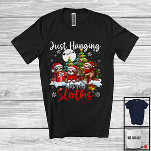 MacnyStore - Just Hanging With My Sloths; Adorable Christmas Three Santa Elf Sloths; Animal Lover T-Shirt