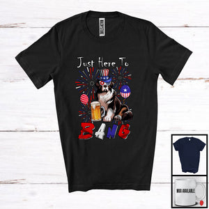 MacnyStore - Just Here To Bang, Adorable 4th Of July American Flag Landseer Drinking Beer, Drunker Patriotic T-Shirt