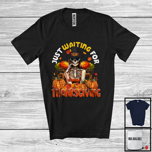 MacnyStore - Just Waiting For Thanksgiving; Humorous Pilgrim Skeleton Lover; Fall Leaves Plaid Pumpkins T-Shirt