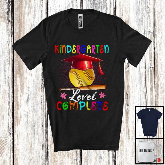 MacnyStore - Kindergarten Level Complete, Joyful Last Day Of School Softball Player Playing, Girls Students Group T-Shirt