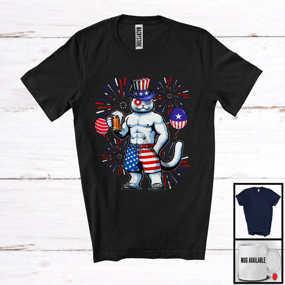 MacnyStore - Kitten Drinking Beer, Cheerful 4th Of July Drunker Fireworks, American Flag Patriotic Group T-Shirt